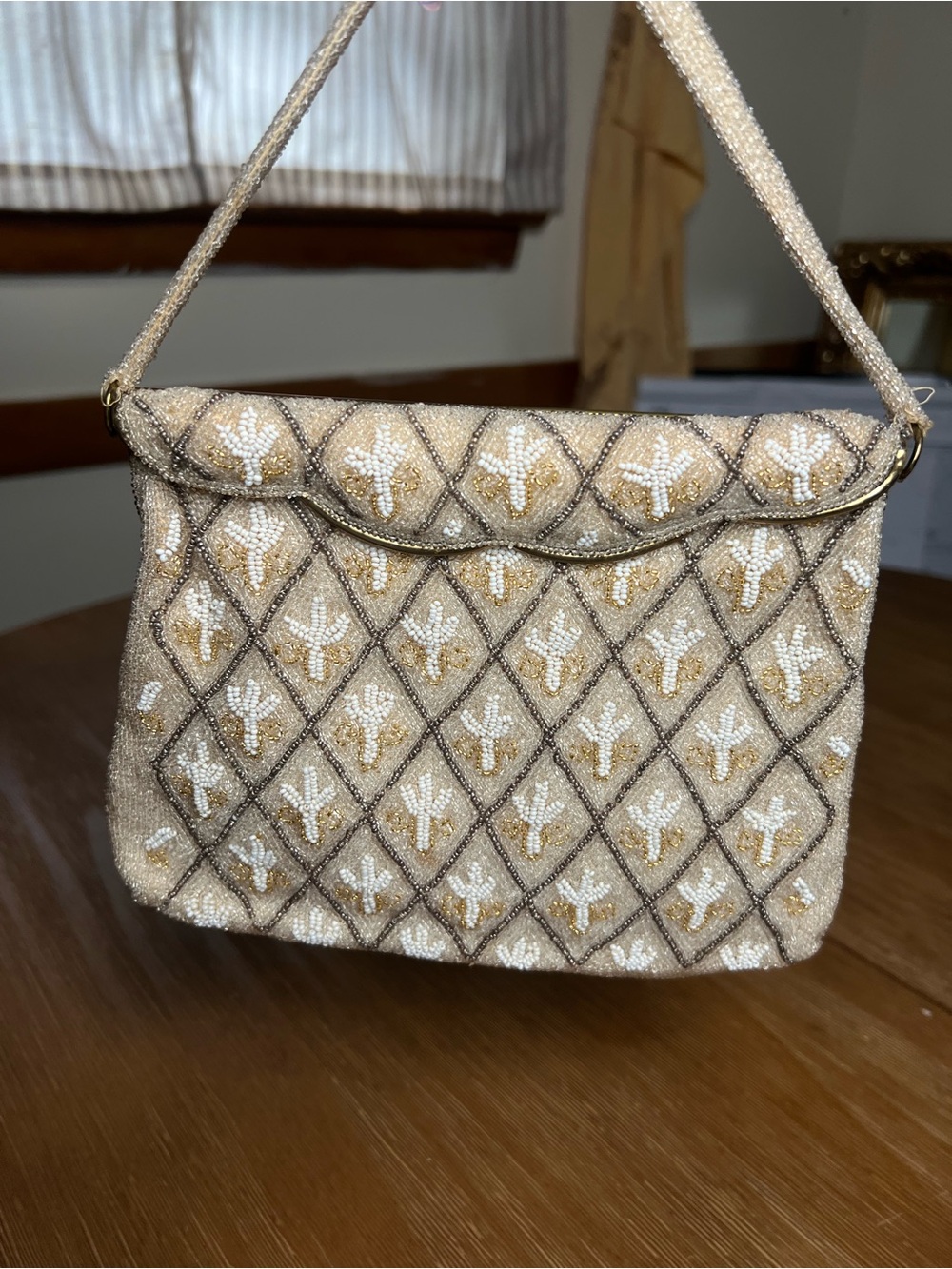 Vintage Cream White Beaded Beige Evening Shoulder Purse Western